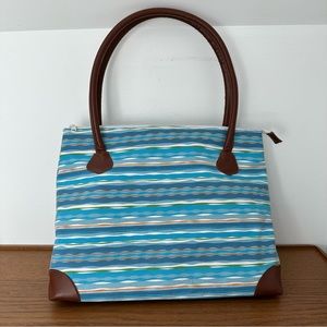 Insulated Tote Striped Shoulder Bag Beach Picnic Travel Handles w Plates Cutlery